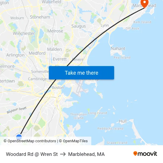 Woodard Rd @ Wren St to Marblehead, MA map