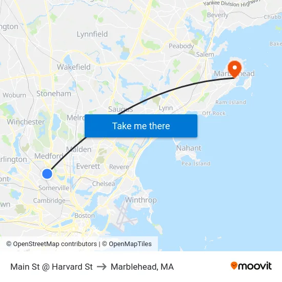 Main St @ Harvard St to Marblehead, MA map