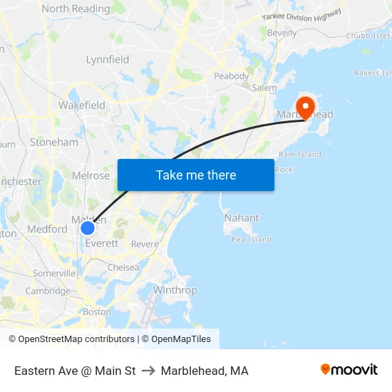 Eastern Ave @ Main St to Marblehead, MA map
