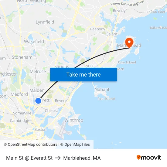 Main St @ Everett St to Marblehead, MA map