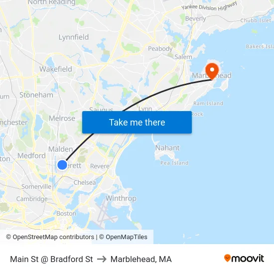 Main St @ Bradford St to Marblehead, MA map