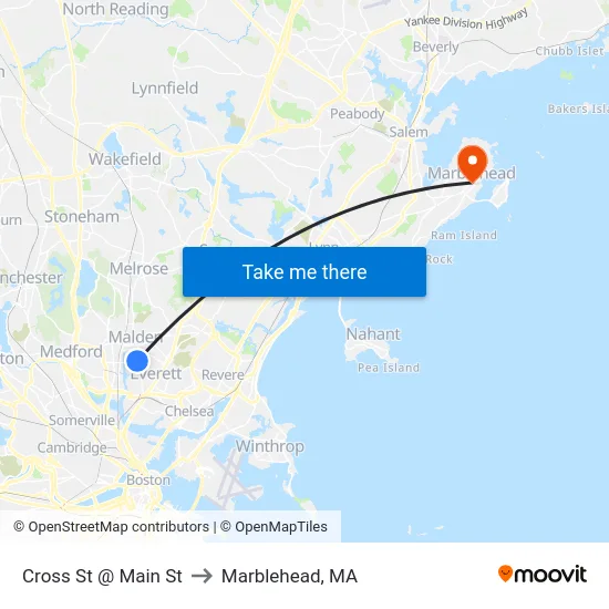 Cross St @ Main St to Marblehead, MA map
