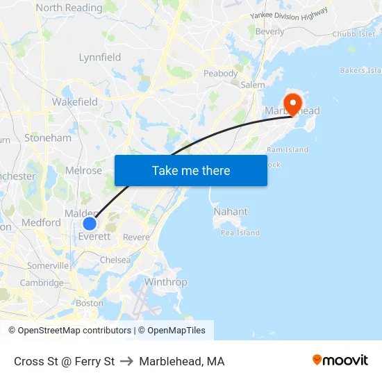 Cross St @ Ferry St to Marblehead, MA map