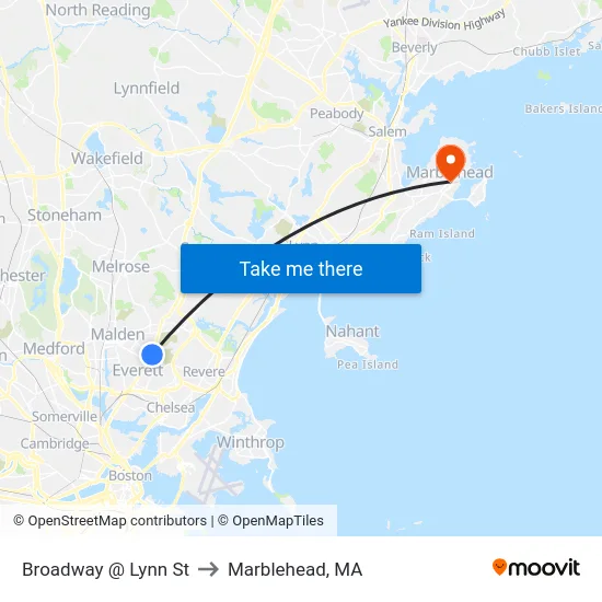 Broadway @ Lynn St to Marblehead, MA map