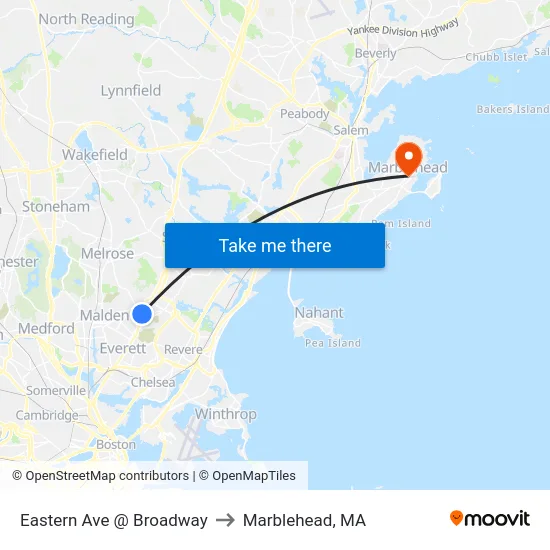 Eastern Ave @ Broadway to Marblehead, MA map