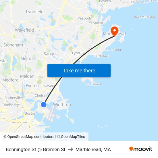 Bennington St @ Bremen St to Marblehead, MA map