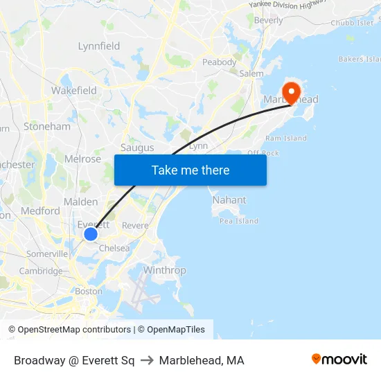 Broadway @ Everett Sq to Marblehead, MA map