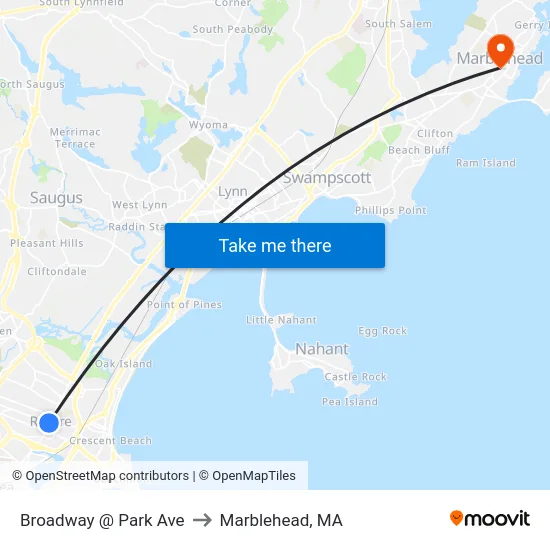 Broadway @ Park Ave to Marblehead, MA map