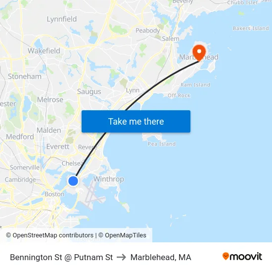 Bennington St @ Putnam St to Marblehead, MA map