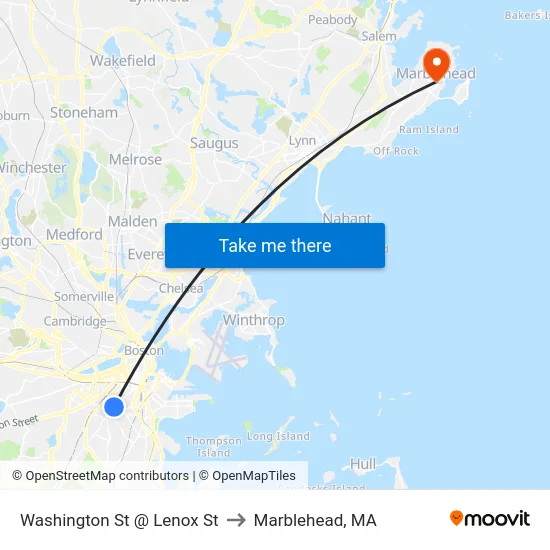 Washington St @ Lenox St to Marblehead, MA map