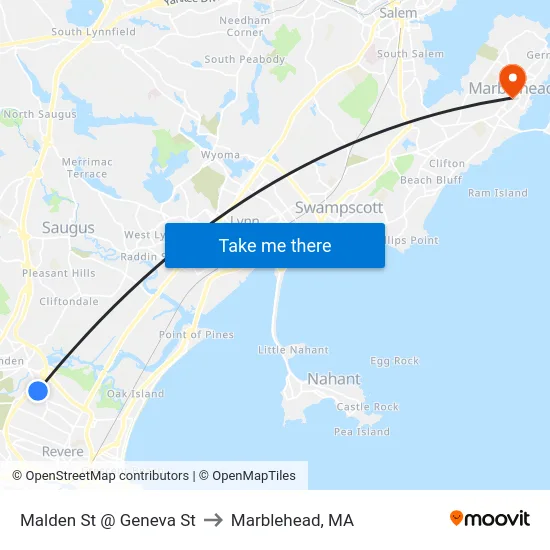 Malden St @ Geneva St to Marblehead, MA map