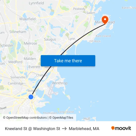 Kneeland St @ Washington St to Marblehead, MA map