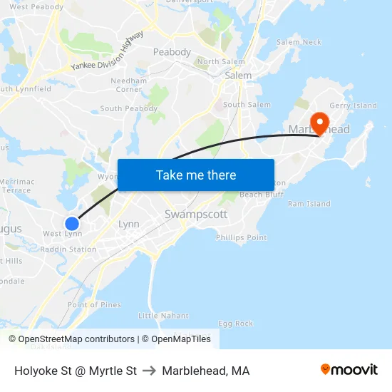 Holyoke St @ Myrtle St to Marblehead, MA map
