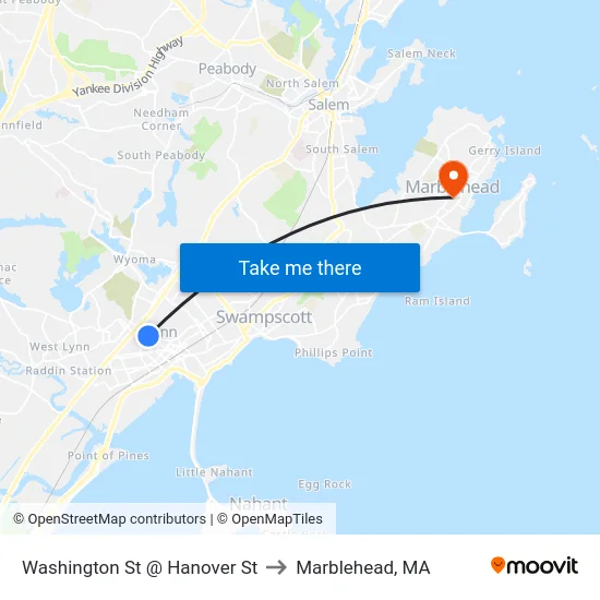 Washington St @ Hanover St to Marblehead, MA map