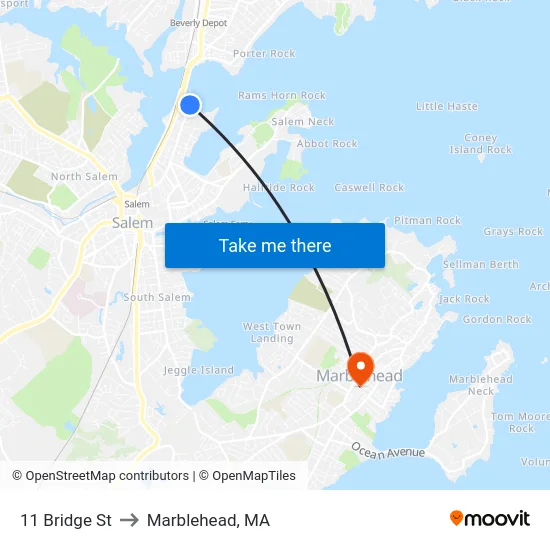 11 Bridge St to Marblehead, MA map