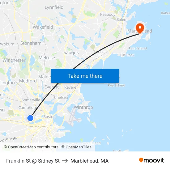 Franklin St @ Sidney St to Marblehead, MA map