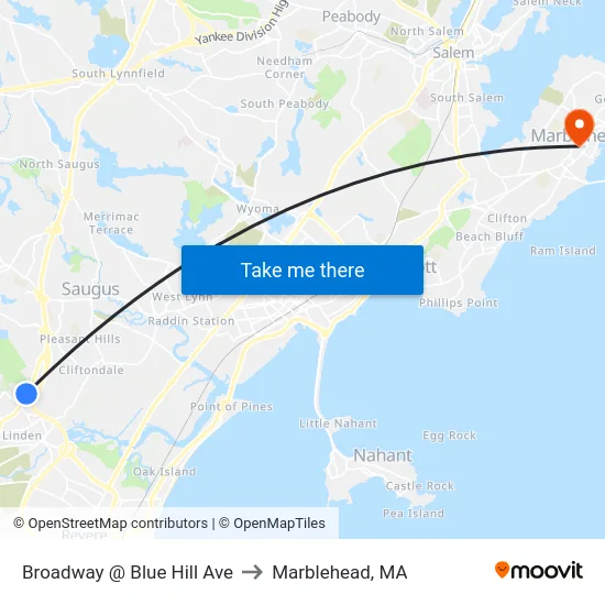 Broadway @ Blue Hill Ave to Marblehead, MA map