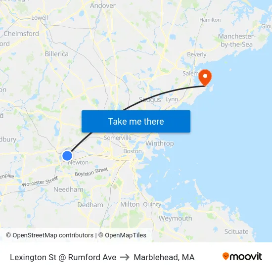 Lexington St @ Rumford Ave to Marblehead, MA map