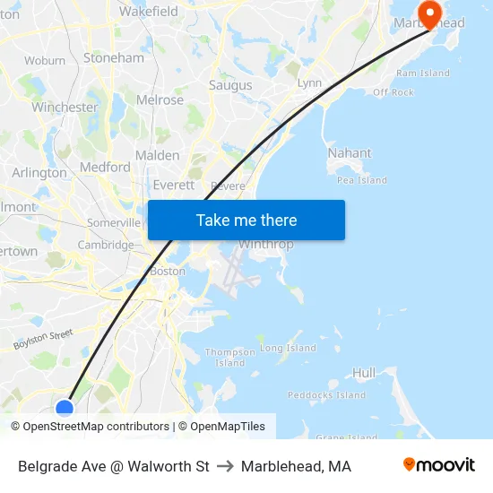 Belgrade Ave @ Walworth St to Marblehead, MA map