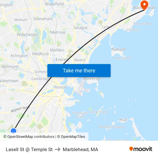 Lasell St @ Temple St to Marblehead, MA map