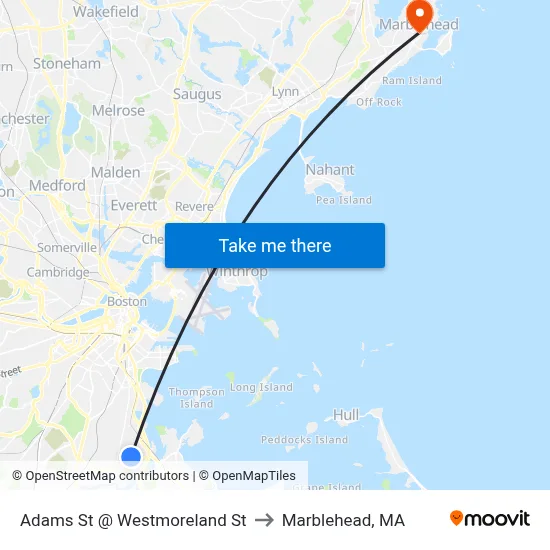 Adams St @ Westmoreland St to Marblehead, MA map
