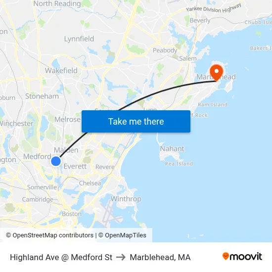 Highland Ave @ Medford St to Marblehead, MA map
