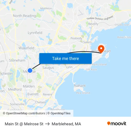 Main St @ Melrose St to Marblehead, MA map