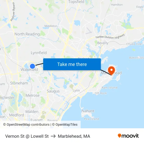 Vernon St @ Lowell St to Marblehead, MA map
