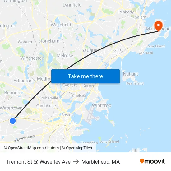 Tremont St @ Waverley Ave to Marblehead, MA map