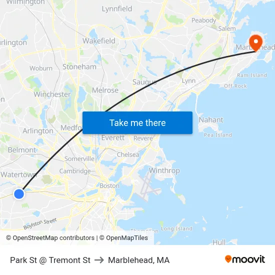 Park St @ Tremont St to Marblehead, MA map