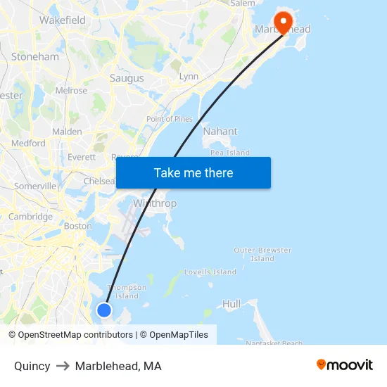 Quincy to Marblehead, MA map