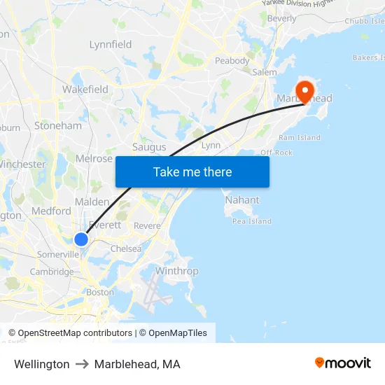 Wellington to Marblehead, MA map