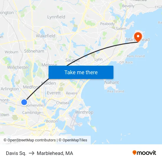 Davis Sq. to Marblehead, MA map