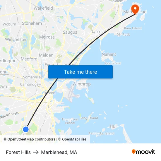 Forest Hills to Marblehead, MA map