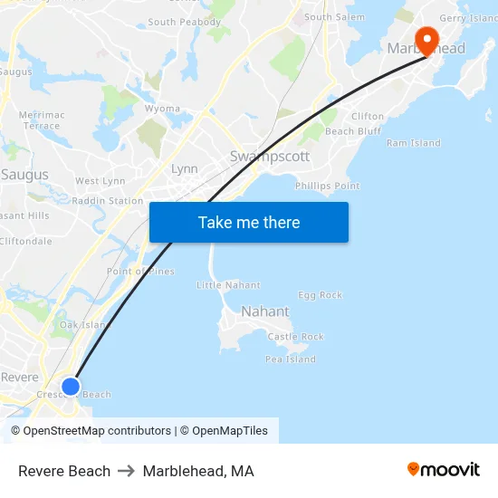 Revere Beach to Marblehead, MA map