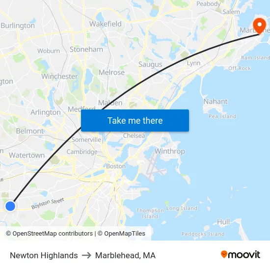 Newton Highlands to Marblehead, MA map