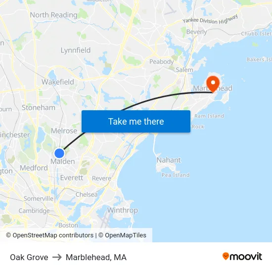 Oak Grove to Marblehead, MA map