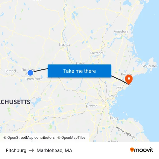 Fitchburg to Marblehead, MA map