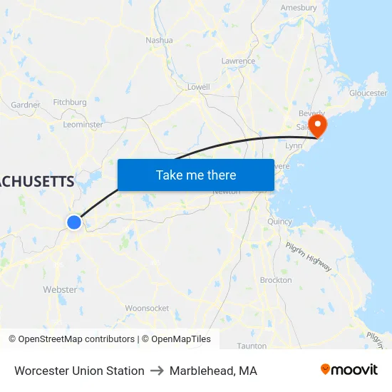 Worcester Union Station to Marblehead, MA map