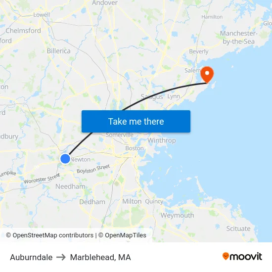 Auburndale to Marblehead, MA map