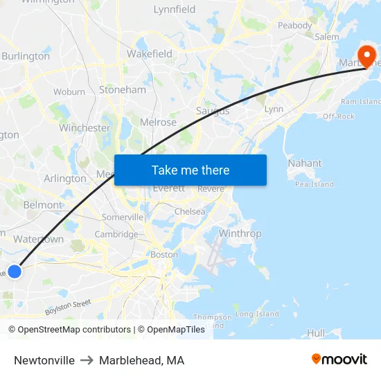 Newtonville to Marblehead, MA map