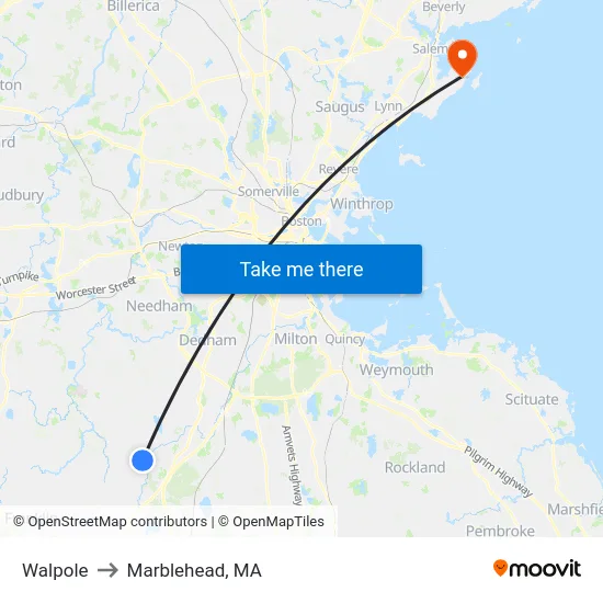 Walpole to Marblehead, MA map