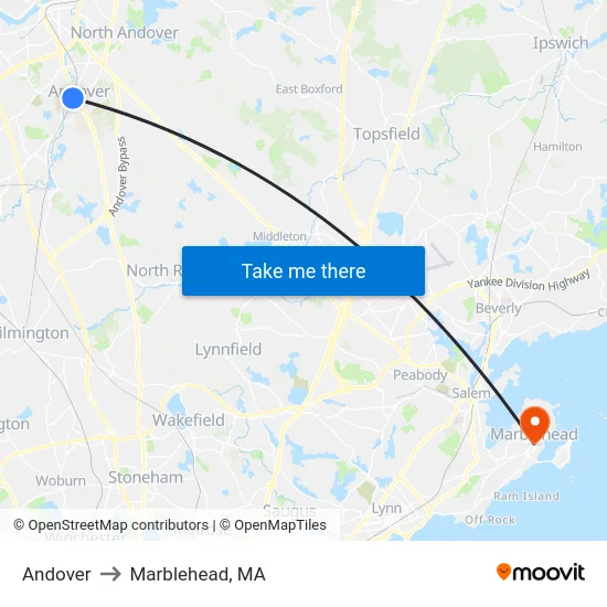 Andover to Marblehead, MA map
