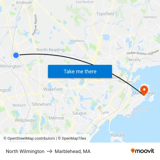 North Wilmington to Marblehead, MA map