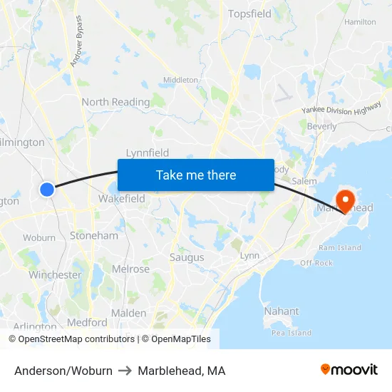 Anderson/Woburn to Marblehead, MA map