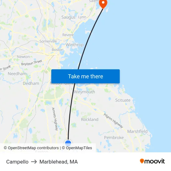 Campello to Marblehead, MA map