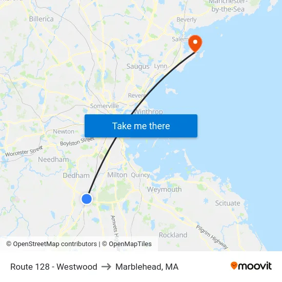 Route 128 - Westwood to Marblehead, MA map