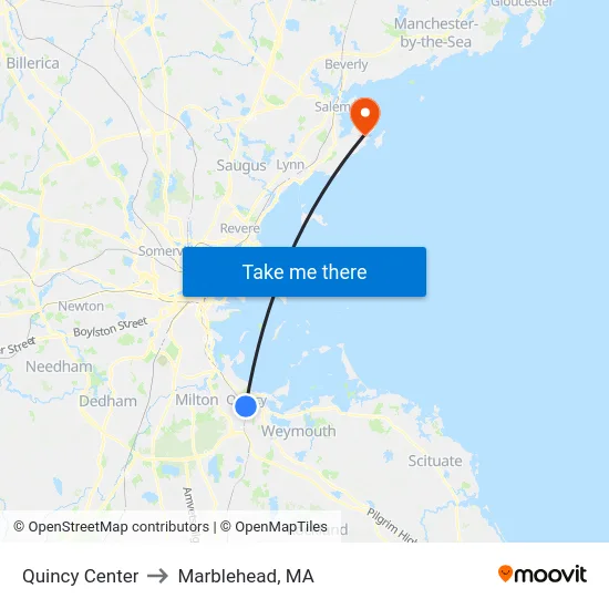 Quincy Center to Marblehead, MA map
