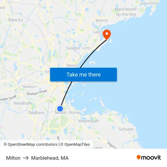 Milton to Marblehead, MA map