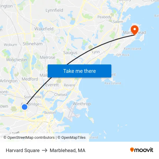 Harvard Square to Marblehead, MA map